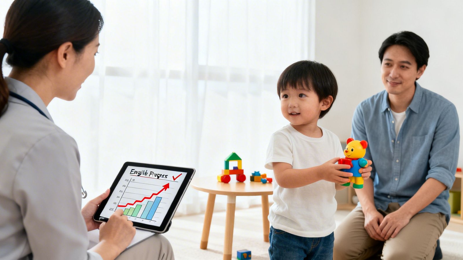 A female therapist shows a tablet displaying a child's English progress chart to a father and son.