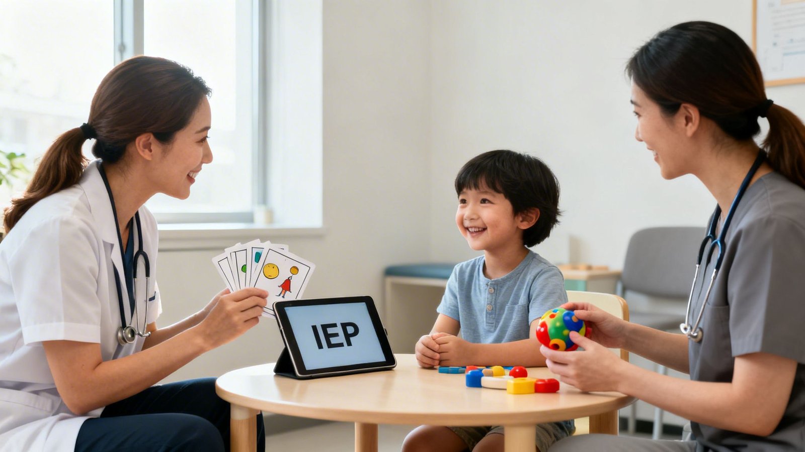 Two therapists engaging a smiling young boy in a child development therapy session with cards and toys.