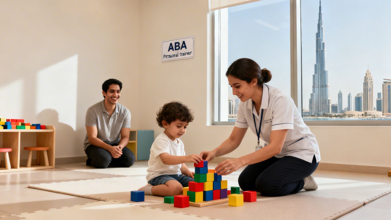 A child and therapist engage in ABA therapy with building blocks, watched by a smiling man.