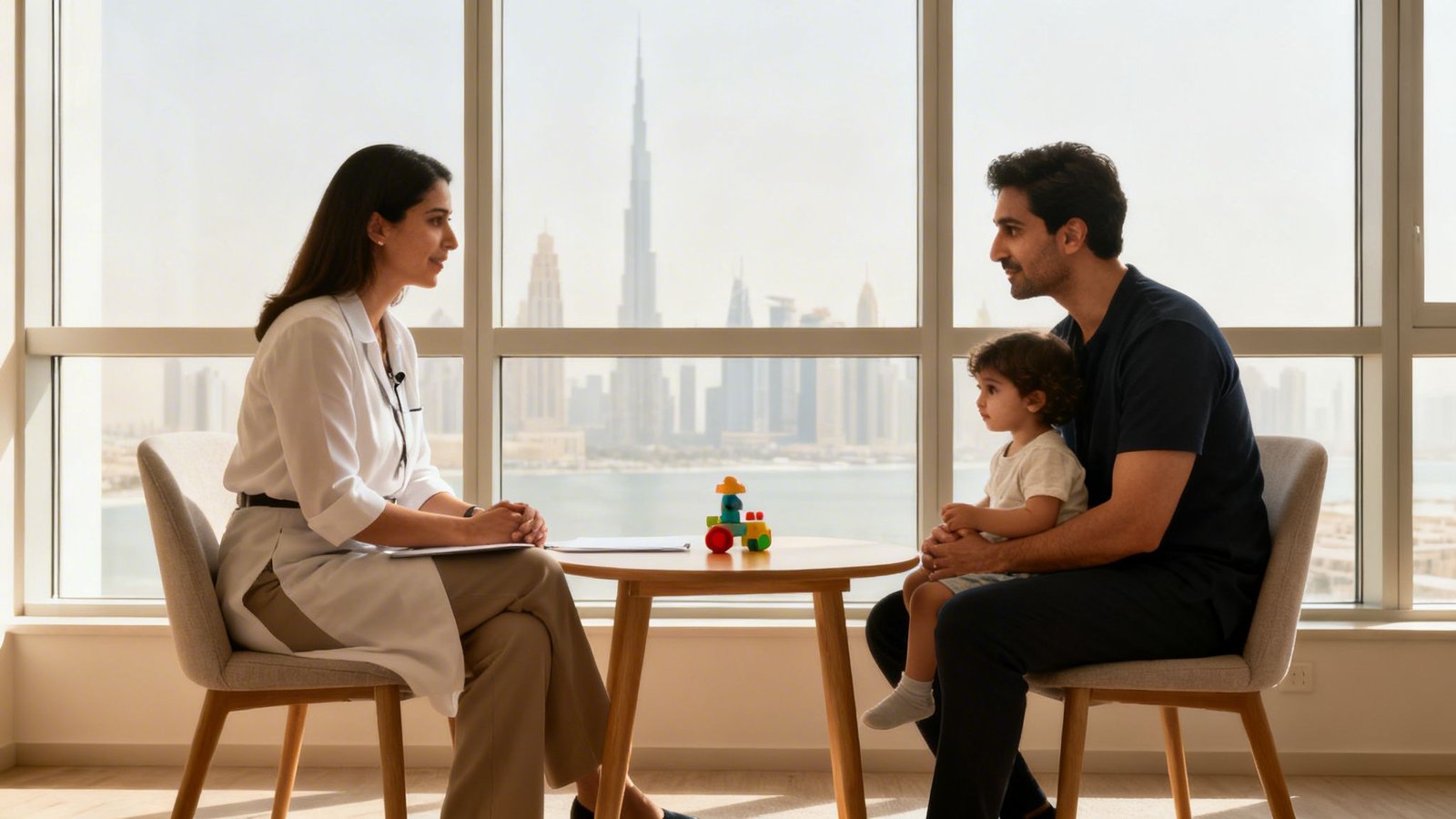 Autism behavioral therapy Dubai: A Parent's Guide to Finding the Right Center 1 A female doctor consults a father holding his child during a therapy session with a city view.