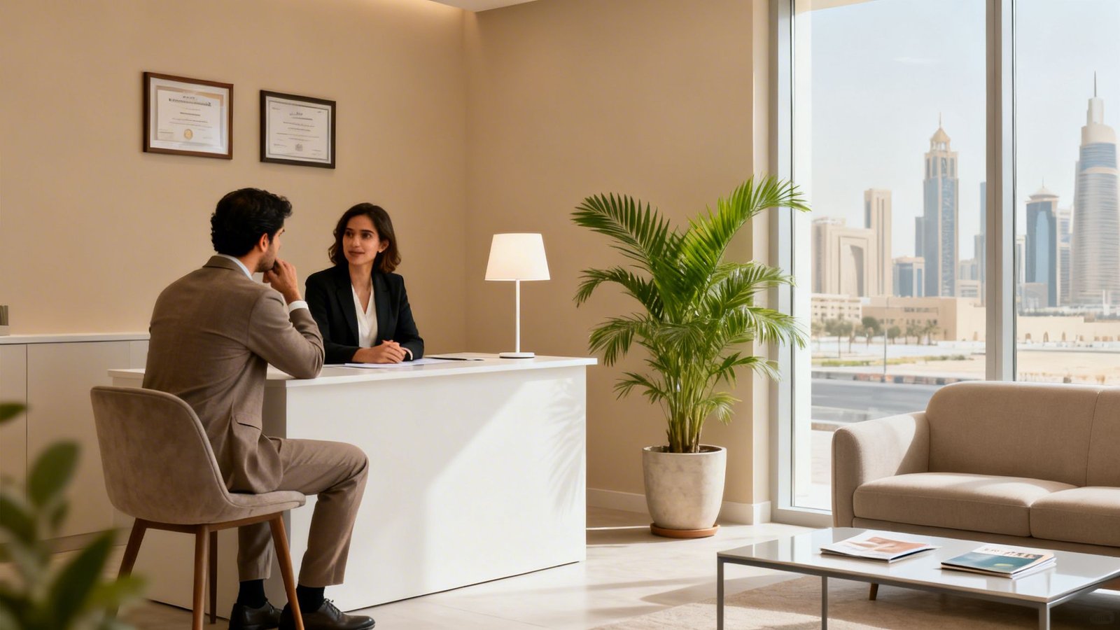 Autism behavioral therapy Dubai: A Parent's Guide to Finding the Right Center 4 Two professionals, a man and a woman, in an office consultation with a Dubai city view.
