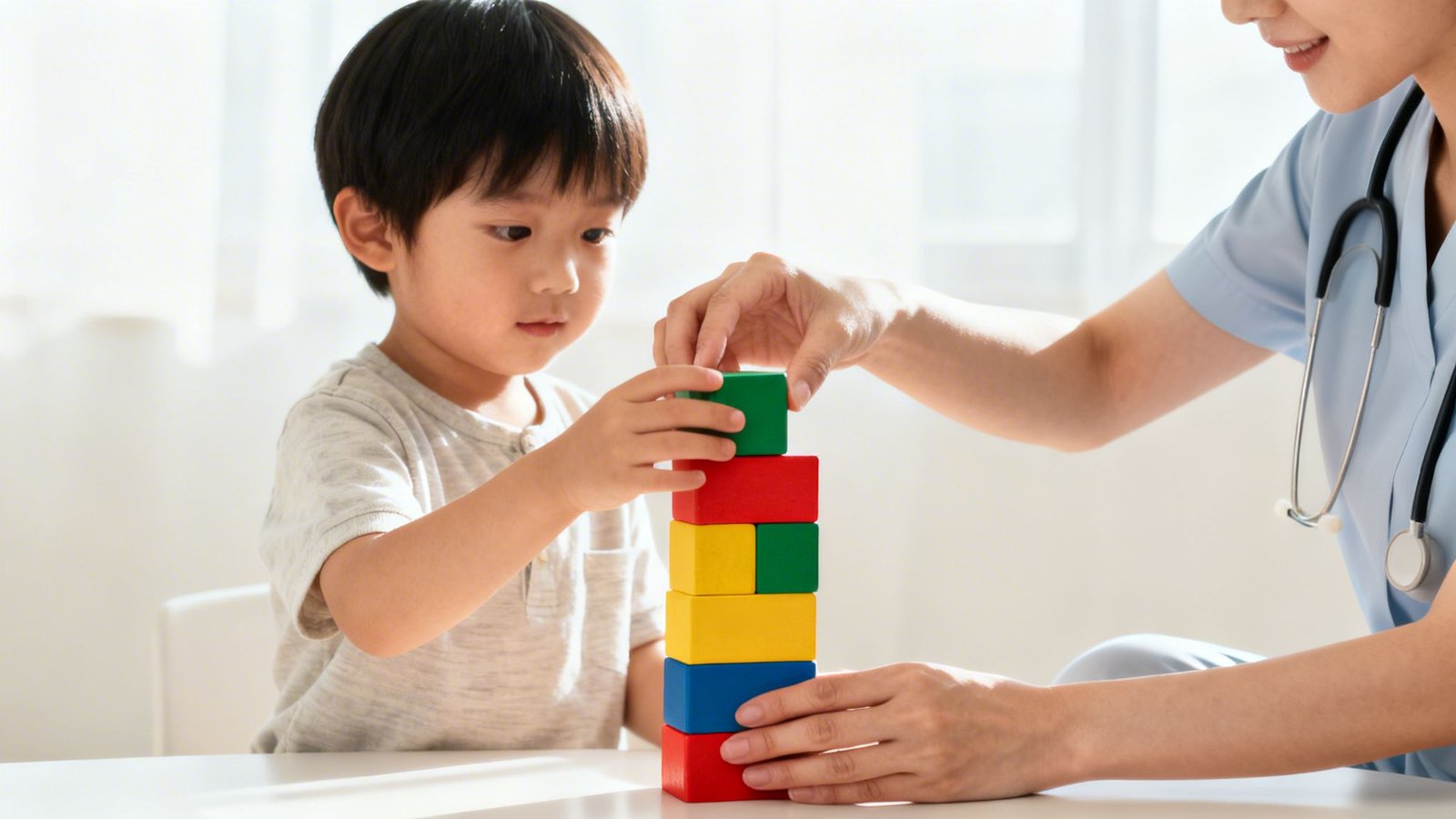 Autism behavioral therapy Dubai: A Parent's Guide to Finding the Right Center 2 A young child and a healthcare professional building a tower of colorful blocks together.