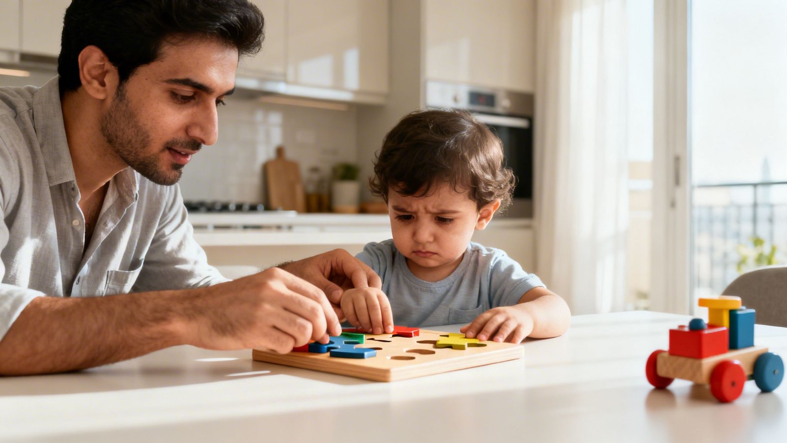 A father and his young son playing with a colorful wooden puzzle at a bright kitchen table.