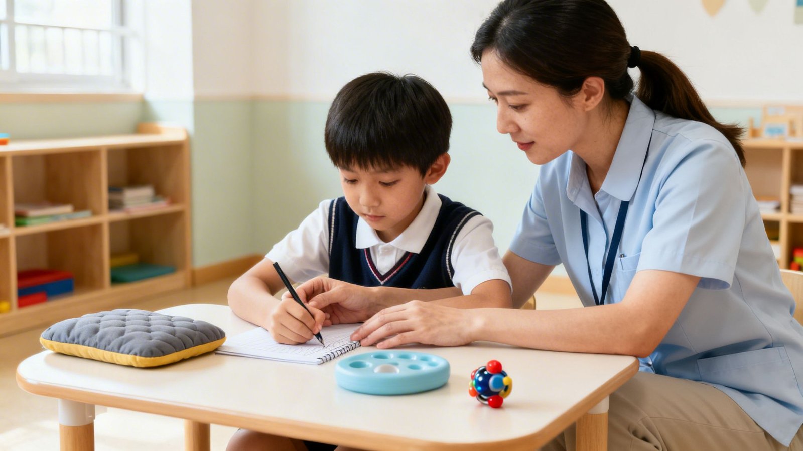 An occupational therapist guides a young Asian boy practicing handwriting in a bright classroom.