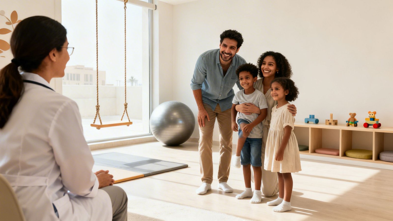 A doctor consults a smiling family with two children in a bright, child-friendly therapy room.