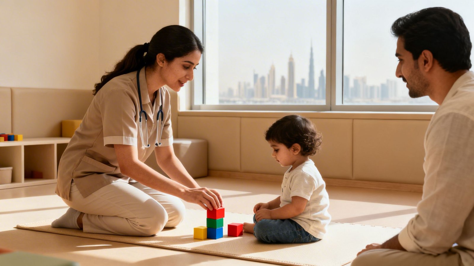 A female therapist helps a toddler build blocks, observed by a man in a room with a city view.