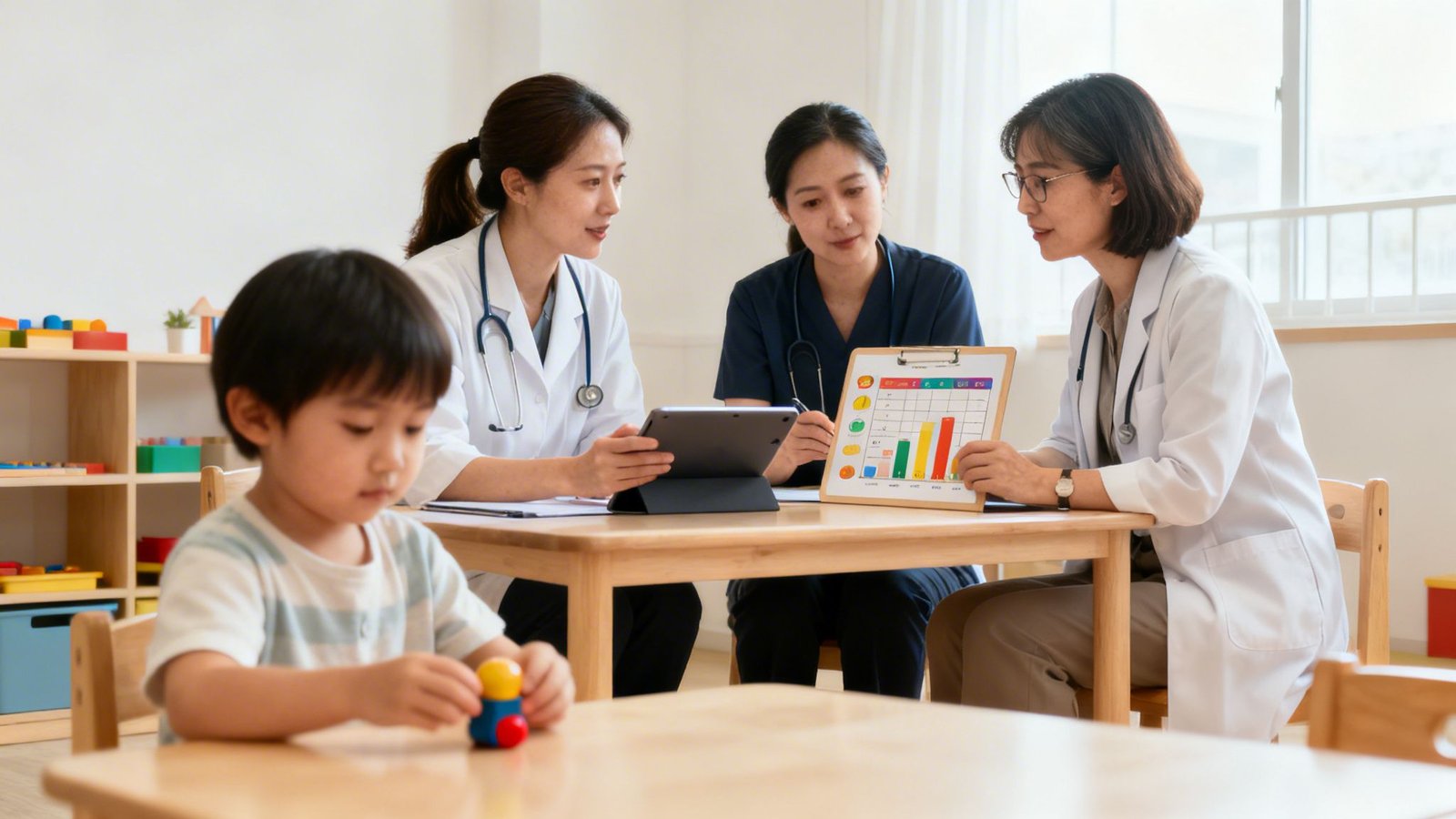 Expert Occupational Therapy for Children UAE A Parent's Guide 4 A young boy plays with a toy while three female medical professionals review charts and a tablet.