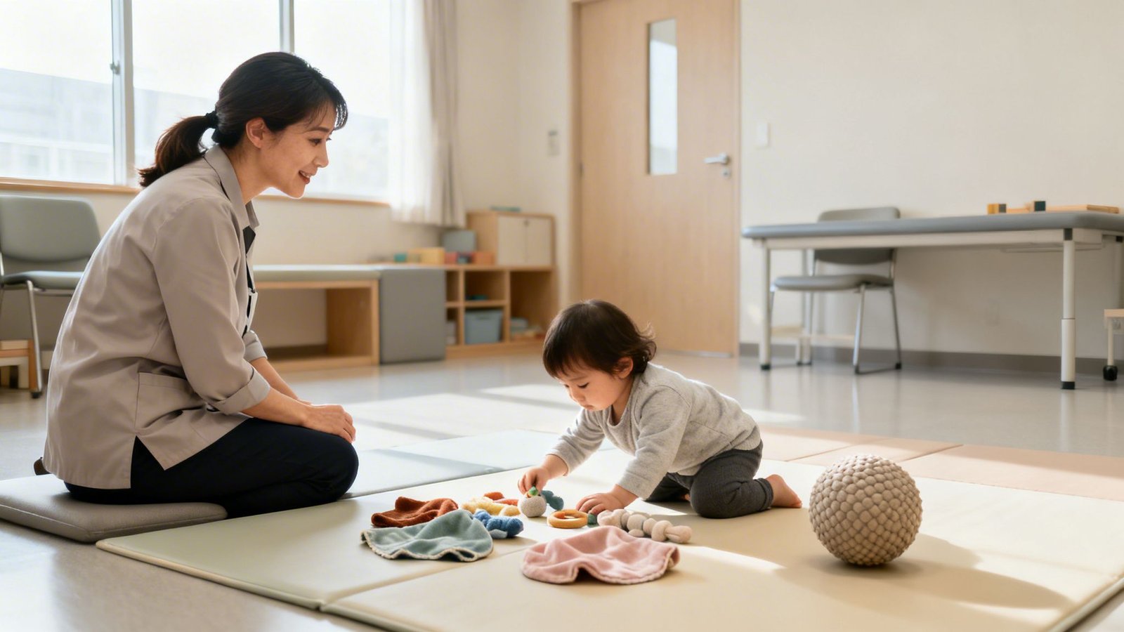 Expert Occupational Therapy for Children UAE A Parent's Guide 2 A smiling therapist sits with a toddler playing with sensory toys on mats in a room.
