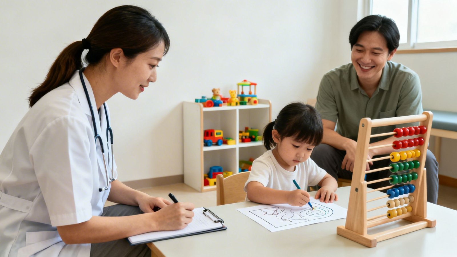 Expert Occupational Therapy for Children UAE A Parent's Guide 3 A doctor helps a child color during an occupational therapy session, with a smiling parent watching.