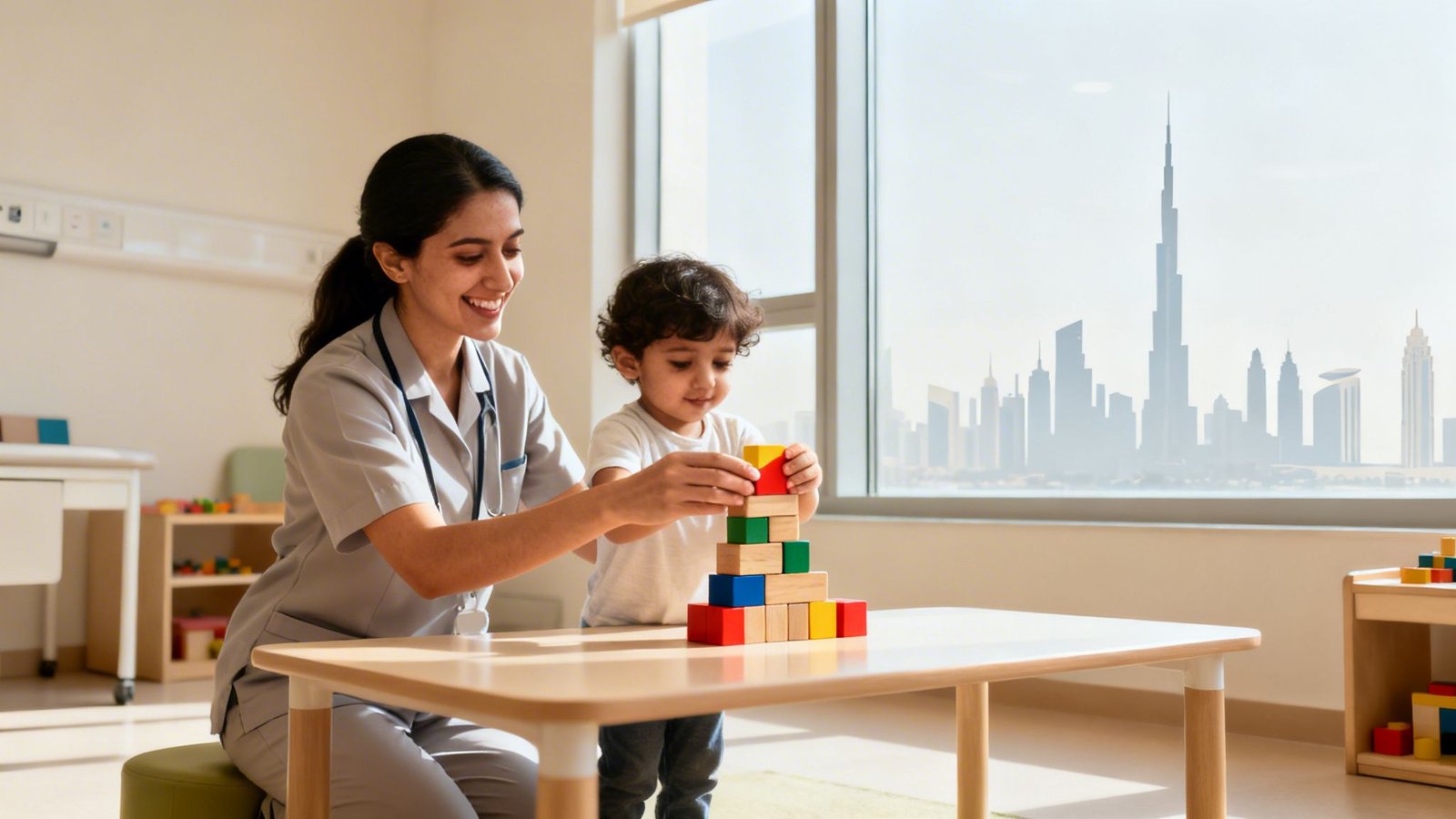 Expert Occupational Therapy for Children UAE A Parent's Guide 1 A smiling therapist helps a happy child build a tower with colorful blocks in a bright room with a city view.