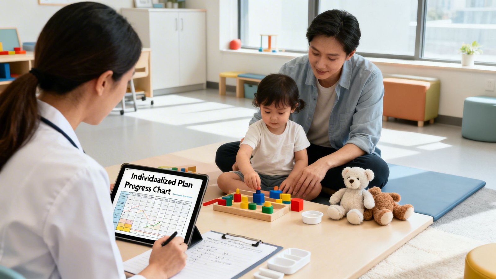 OT Center UAE: Expert Therapy for Children's Development 3 A therapist reviews a child's progress chart on a tablet while a child plays with blocks and an adult watches.