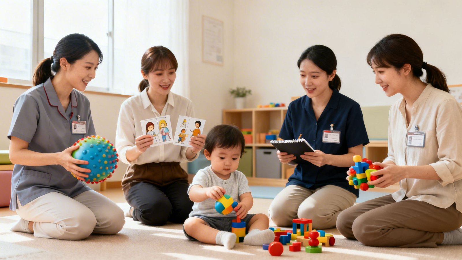OT Center UAE: Expert Therapy for Children's Development 2 Group of therapists and a baby on the floor playing with educational toys.