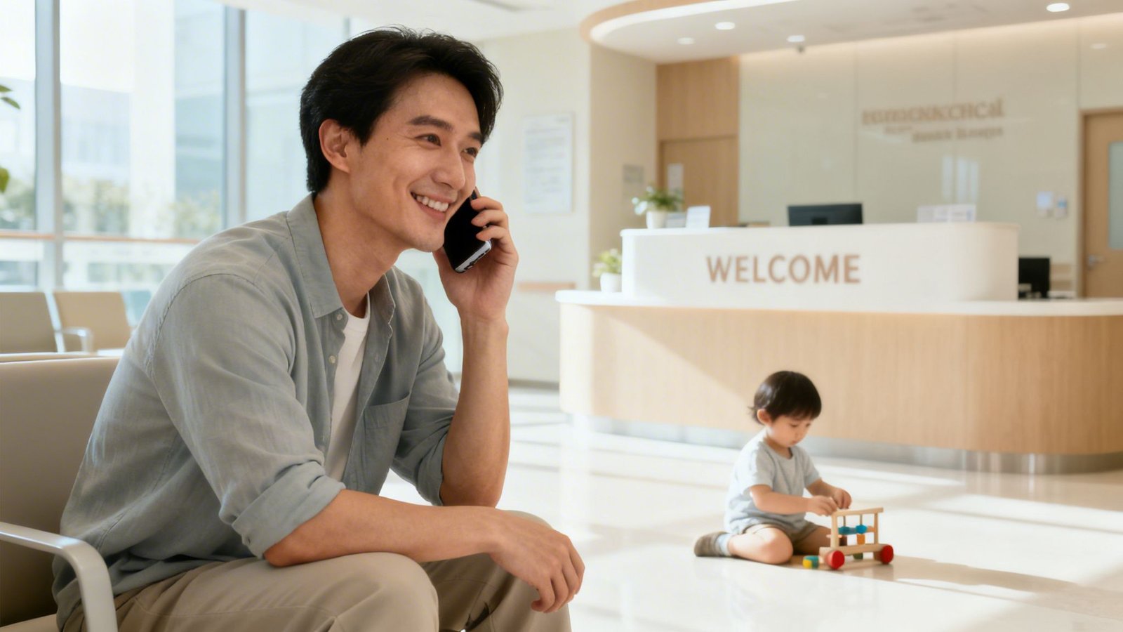 A smiling man talks on the phone while a child plays with toys in a bright waiting room.