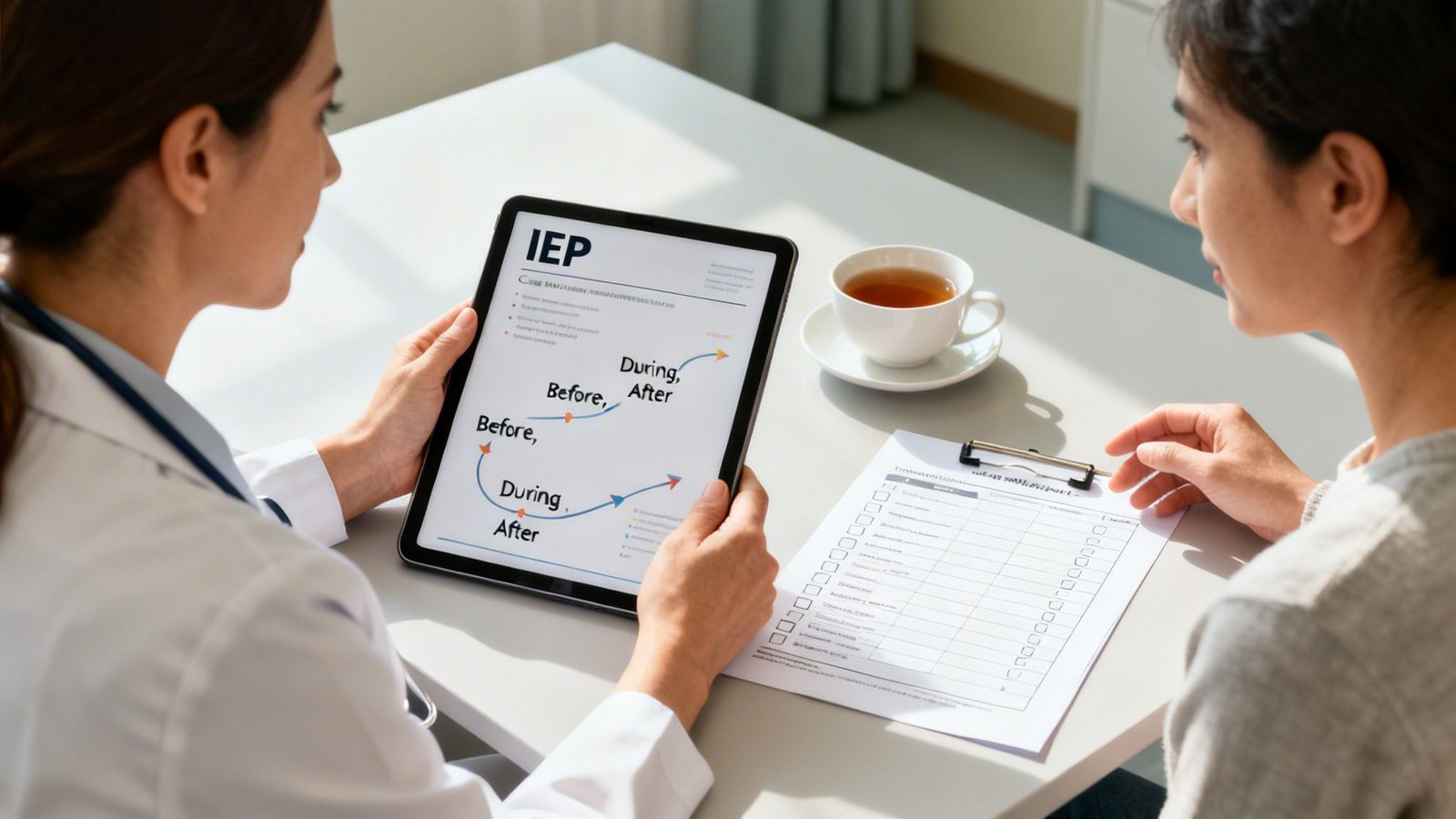 Doctor discusses an IEP plan on a tablet with a patient during a medical consultation.