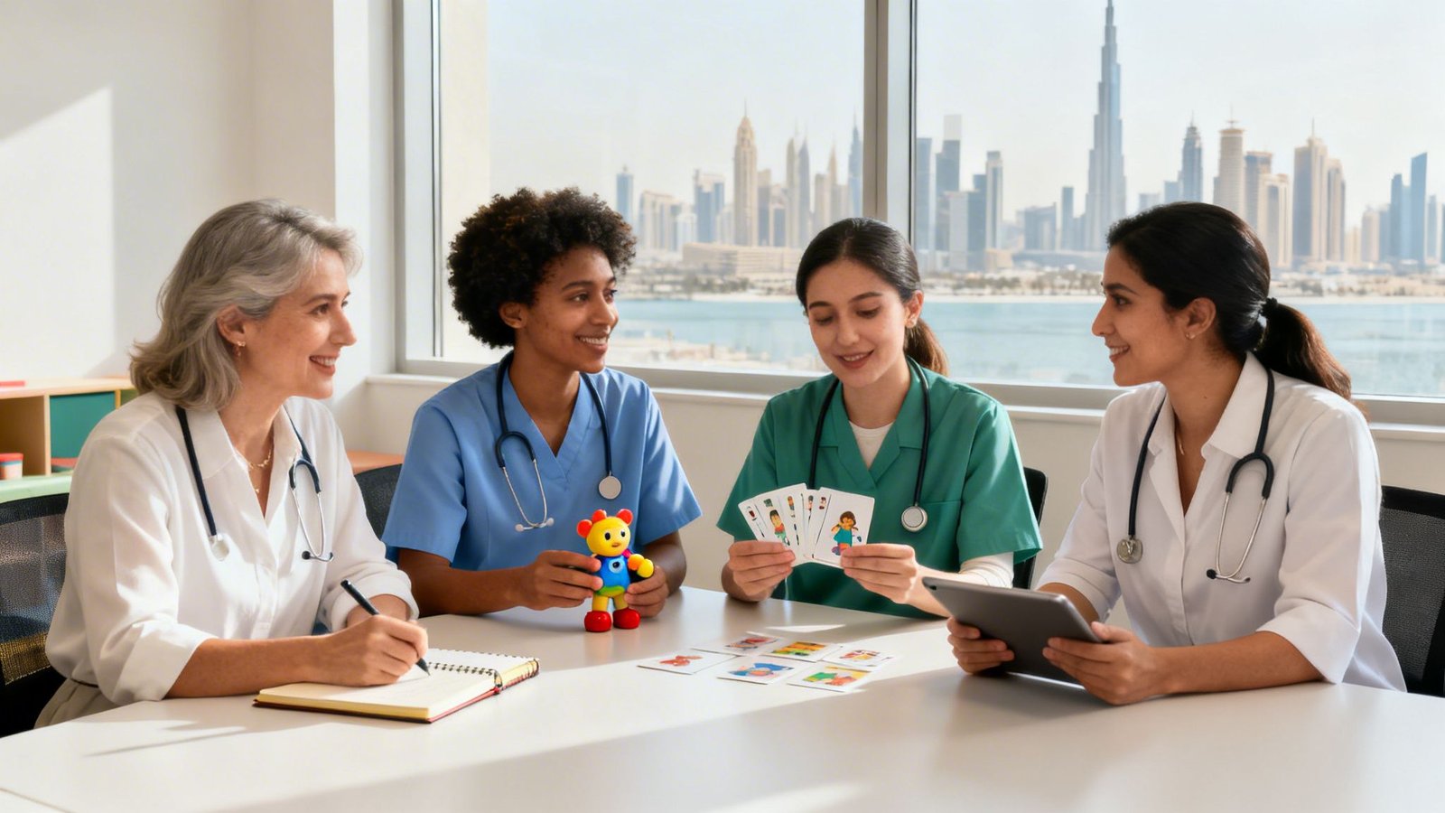 Smiling doctors and nurses using play therapy tools and a tablet during a consultation in a Dubai office.
