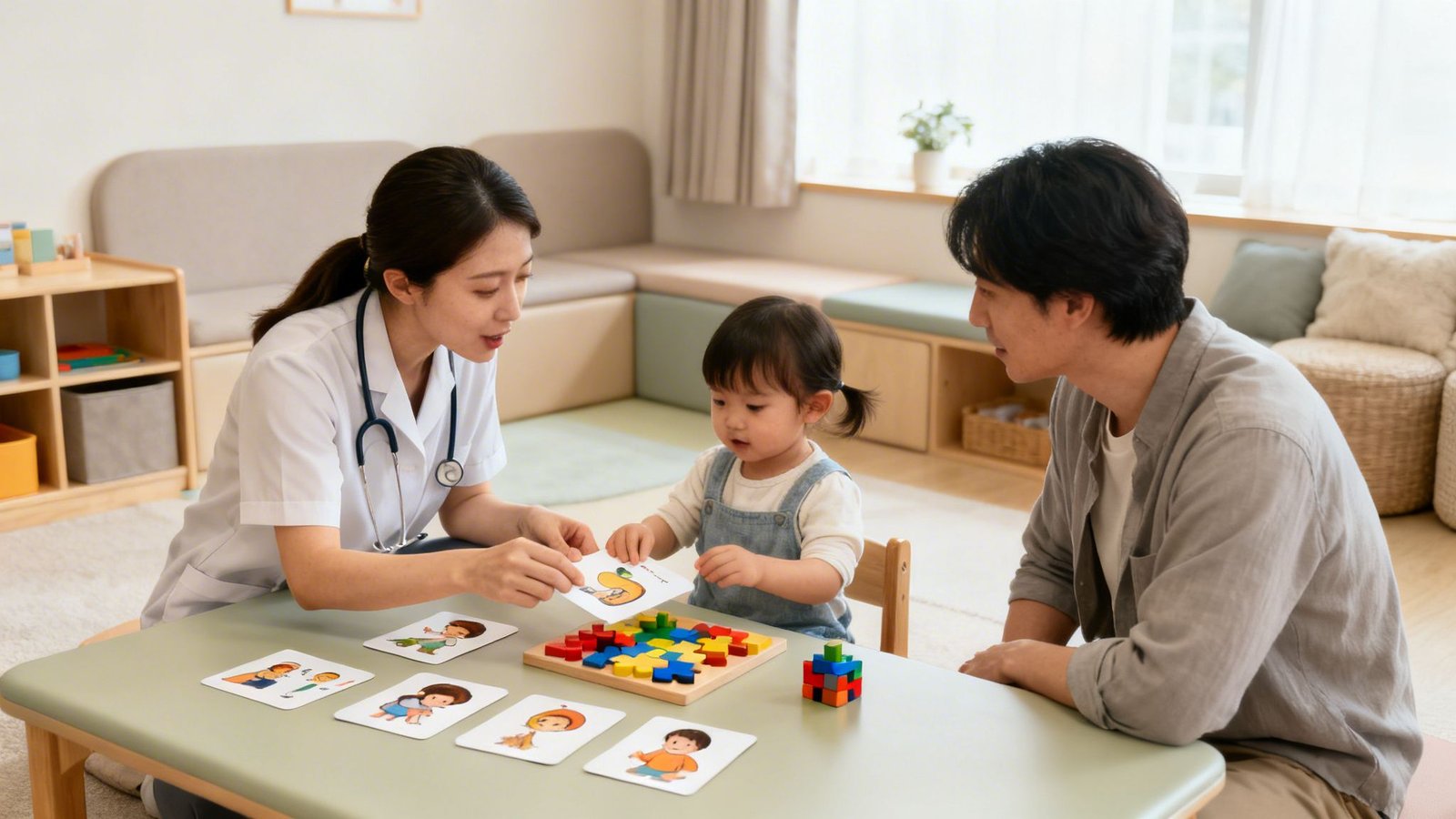 Pediatric therapist engaging a young child with developmental play while a father observes.