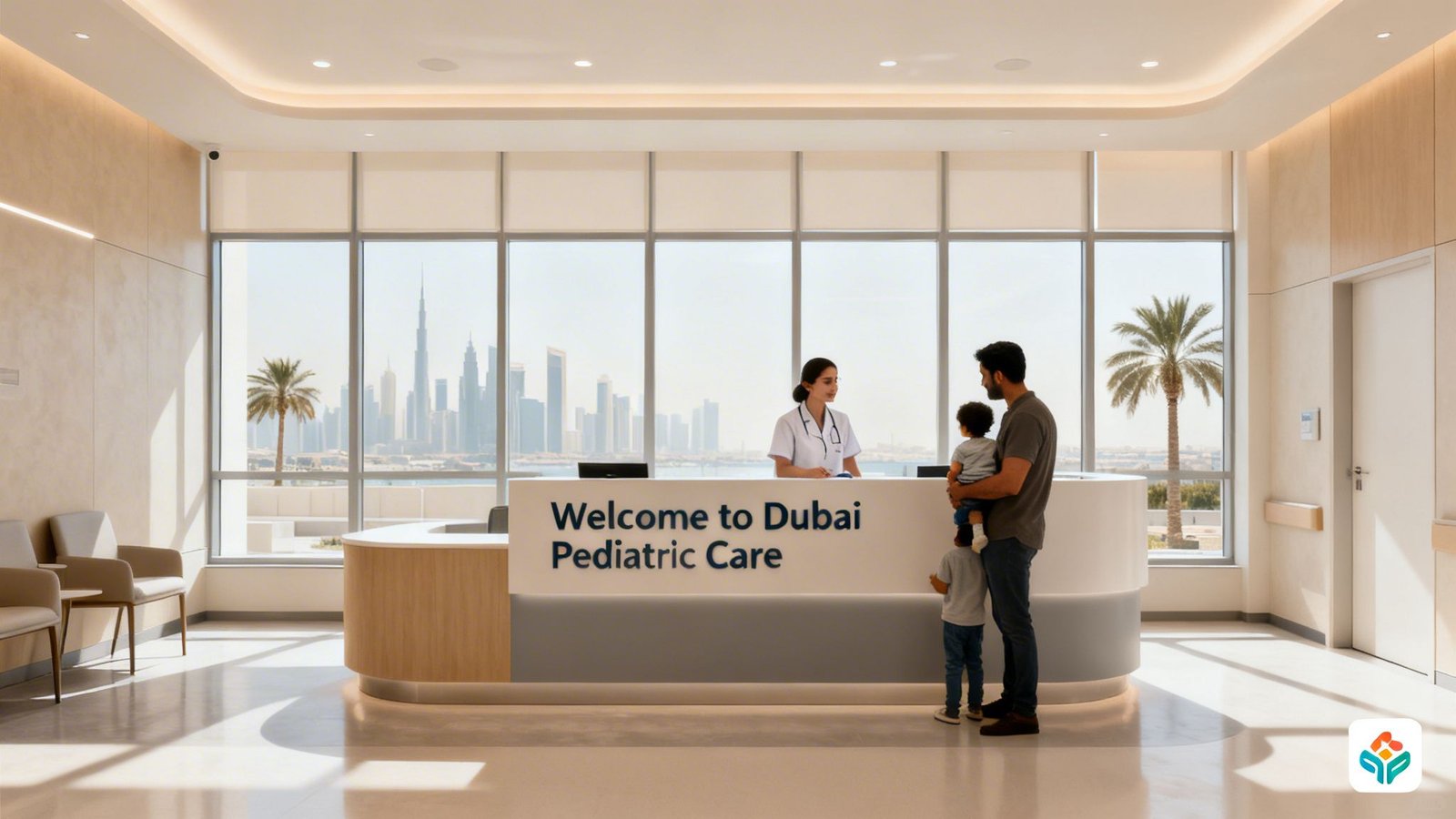 A father with two children at a modern Pediatric Hospital in Dubai