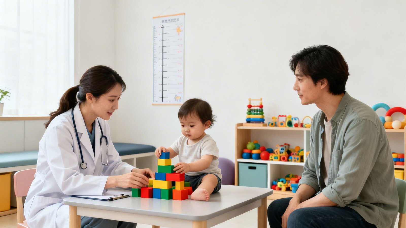 A female doctor and a baby playing with colorful blocks during a pediatric visit, father watching.