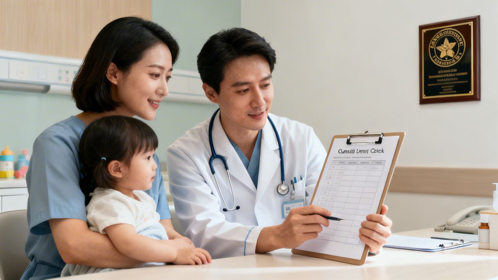A kind male doctor shows a health chart to a smiling mother and her toddler in a bright hospital room.