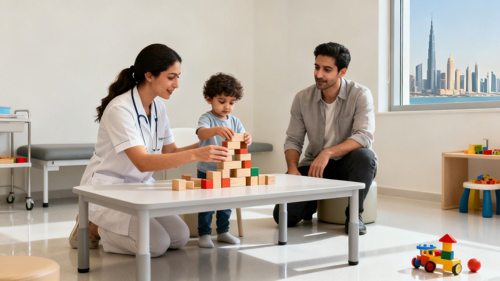 A pediatric occupational therapist engages a young child with building blocks, watched by his father in Dubai.