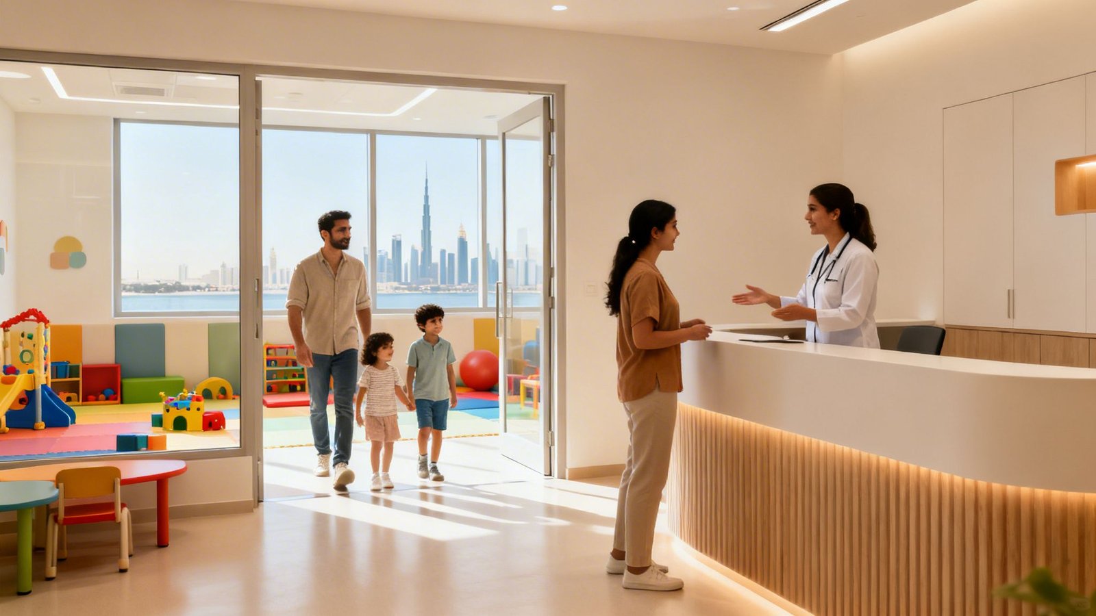 A family arrives at a modern, child-friendly clinic reception with a doctor and city view.