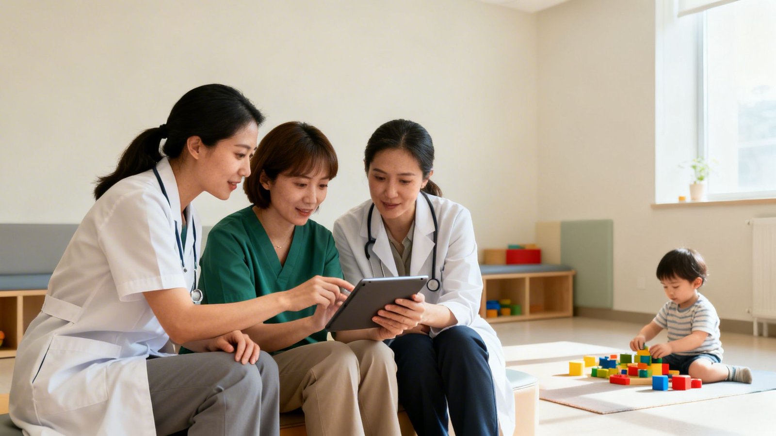 Three female medical professionals review a tablet while a child plays with colorful blocks in a clinic.