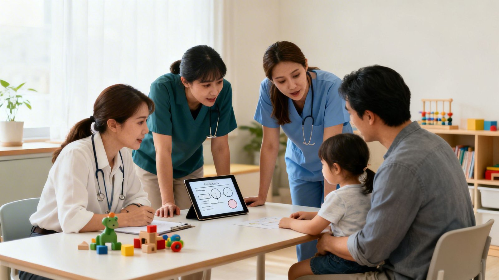 Medical professionals discuss a child's development with a father and daughter in a friendly setting.