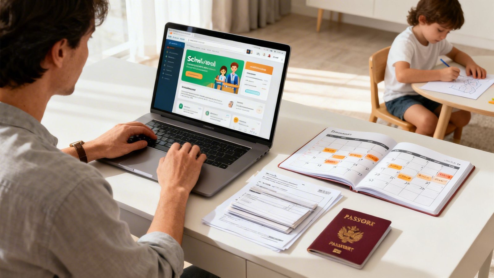 A man uses a laptop with an educational website open while a child draws, with a calendar and passport nearby.