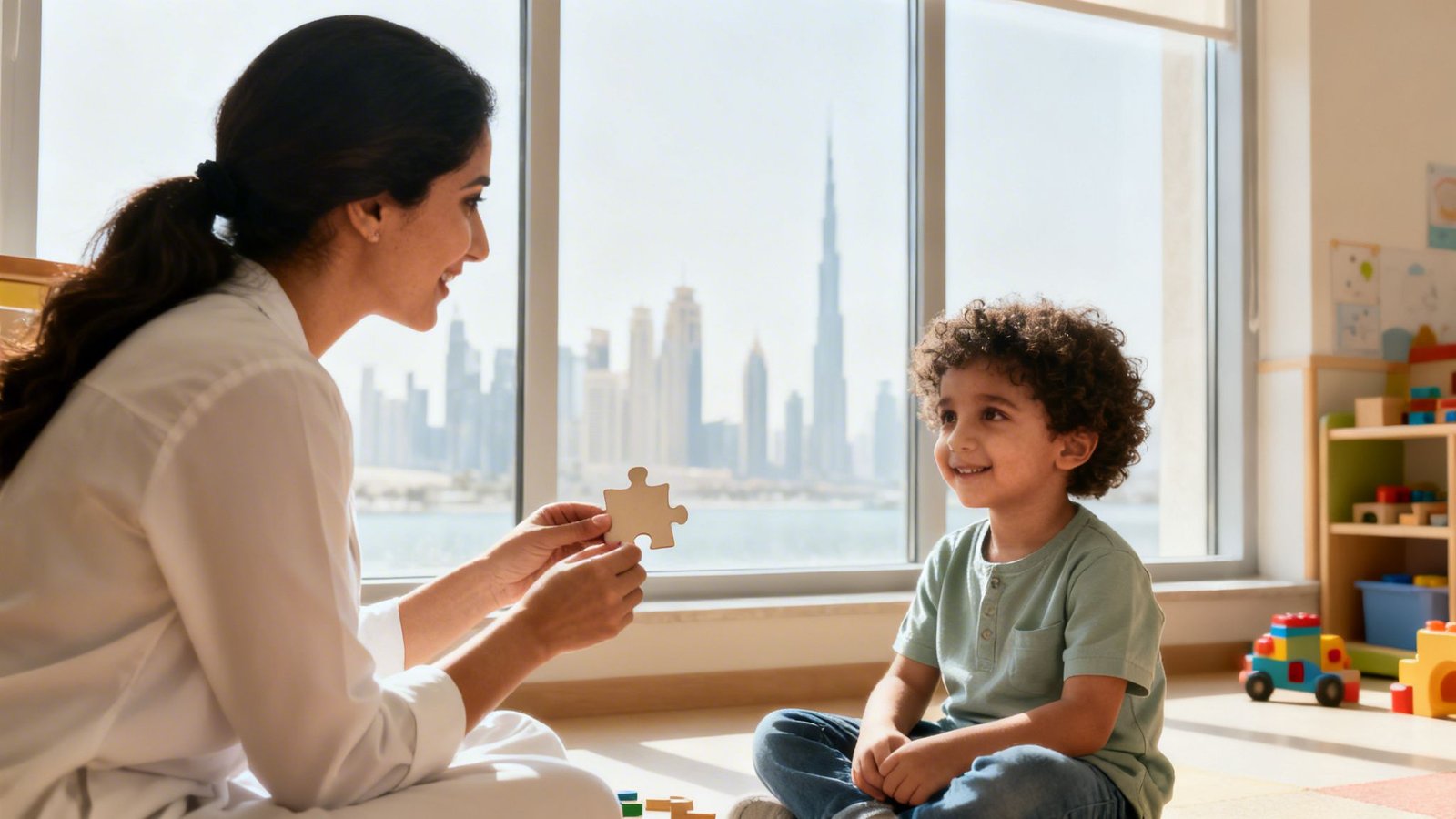 Smiling woman and child playing with a puzzle piece in a bright room overlooking Dubai.