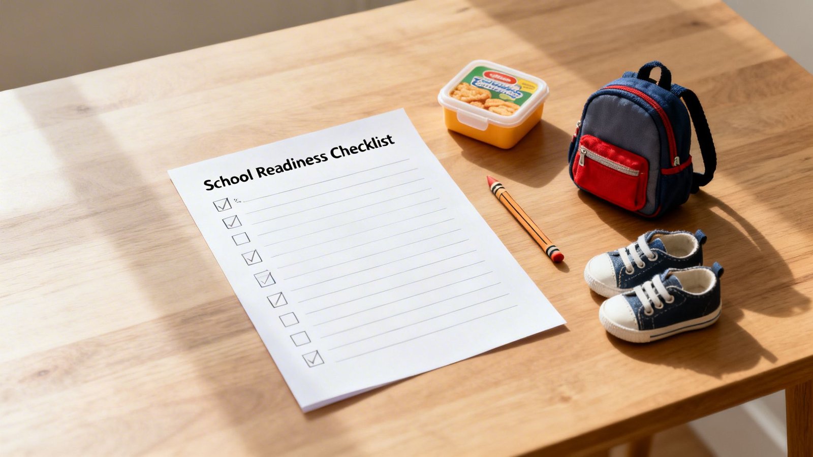 A school readiness checklist, mini backpack, baby shoes, crayon, and snack box on a table.