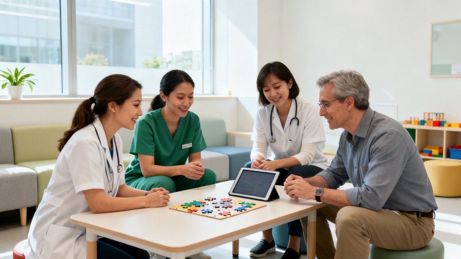 Finding the Right Speech Clinic Dubai for Your Child in 2026 2 Four medical professionals and a male patient engaging in a collaborative session at a modern clinic.