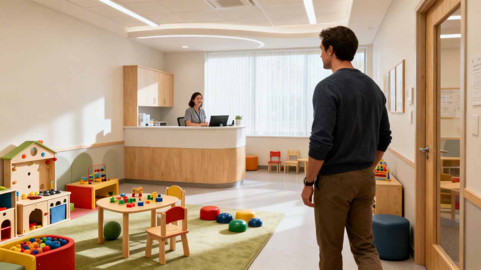 Finding the Right Speech Clinic Dubai for Your Child in 2026 4 Man walks through a bright children's clinic waiting room with a receptionist and play area.