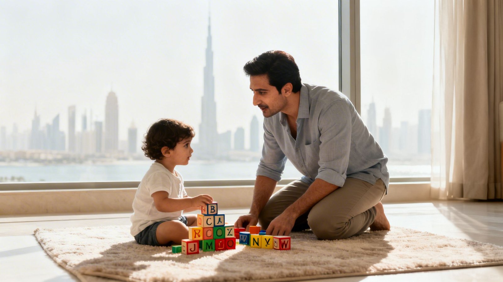 Finding the Right Speech Clinic Dubai for Your Child in 2026 1 Father and toddler playing with colorful alphabet blocks on a rug, overlooking Dubai city.