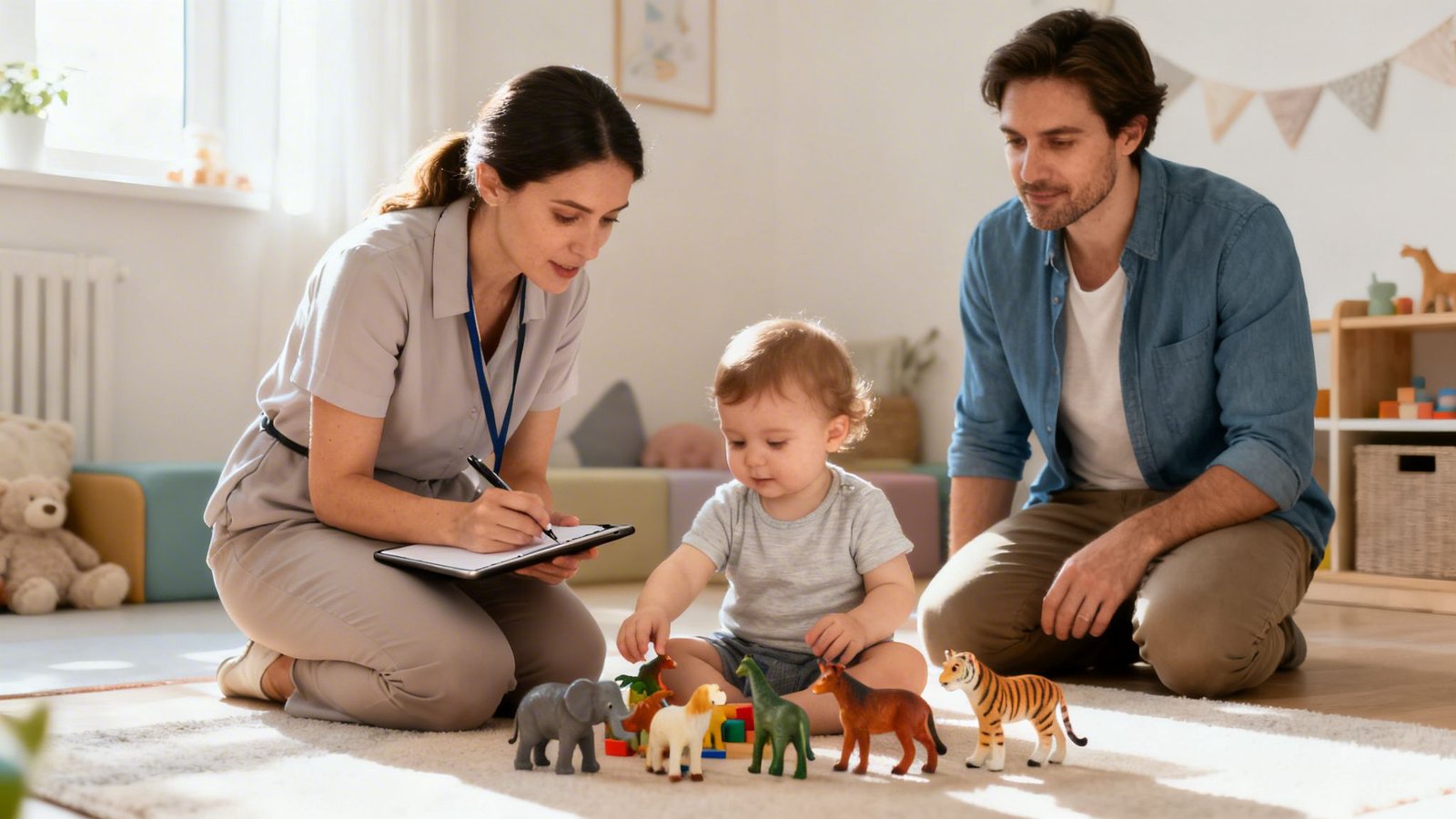Finding the Right Speech Clinic Dubai for Your Child in 2026 3 A female therapist observes a baby playing with animal toys on the floor, while a father watches.