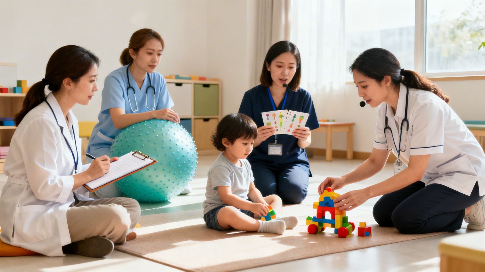Therapists and a child engaged in developmental play therapy with blocks and flashcards.