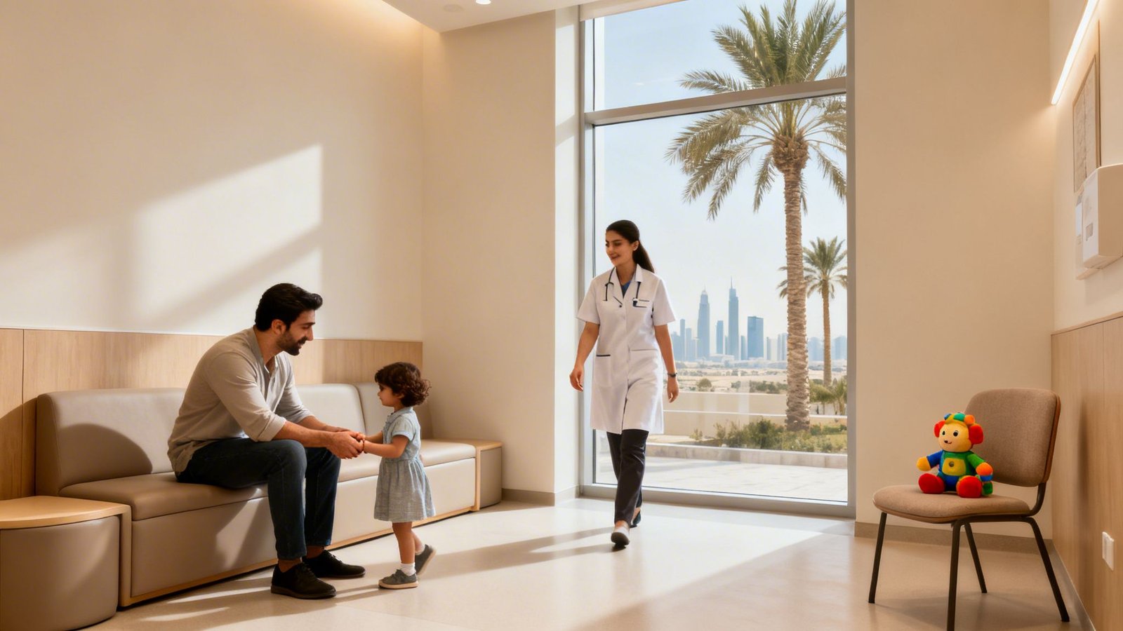 A father and child hold hands in a modern clinic waiting room as a nurse approaches.