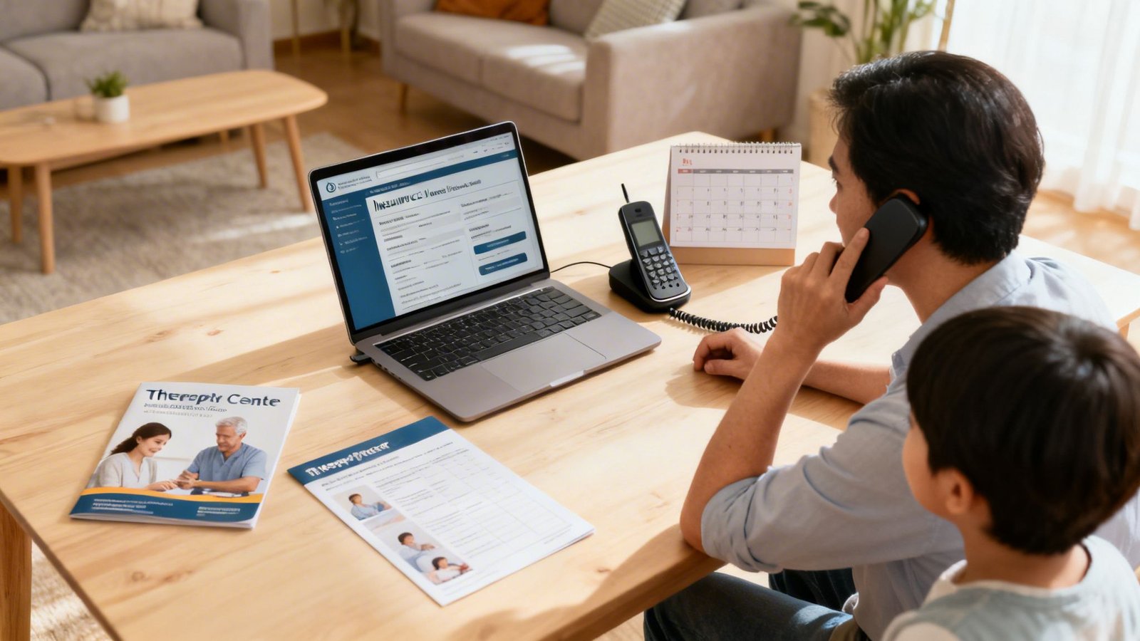 A man on the phone looks at a laptop with his son nearby, alongside therapy brochures.
