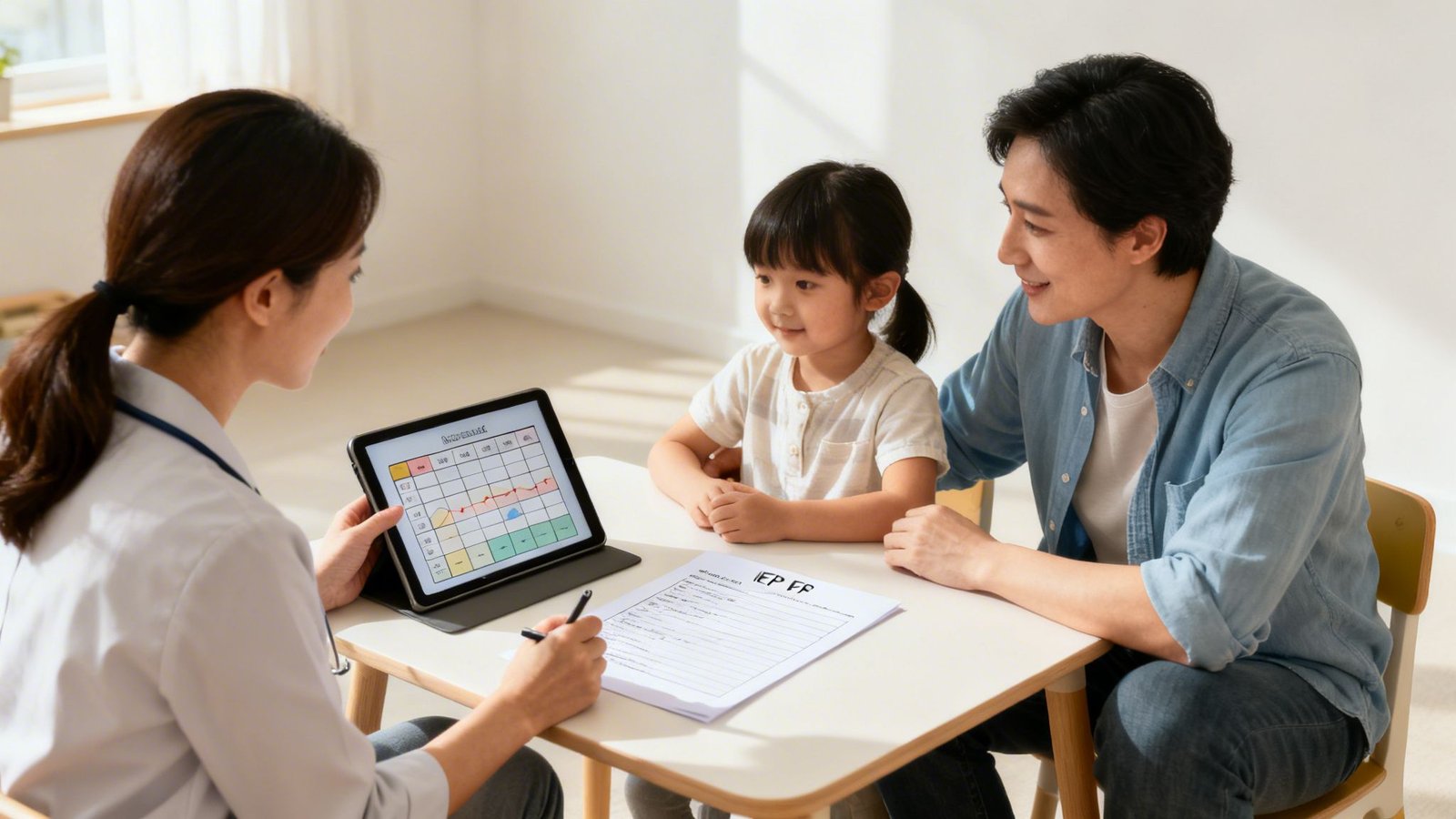 Therapist shows a digital chart on a tablet to a smiling father and child.