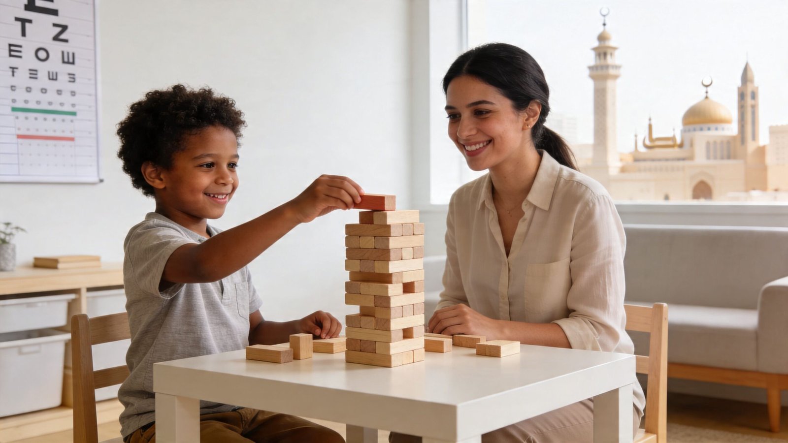A happy young boy playing a wooden block stacking game with a smiling female behavior therapist.