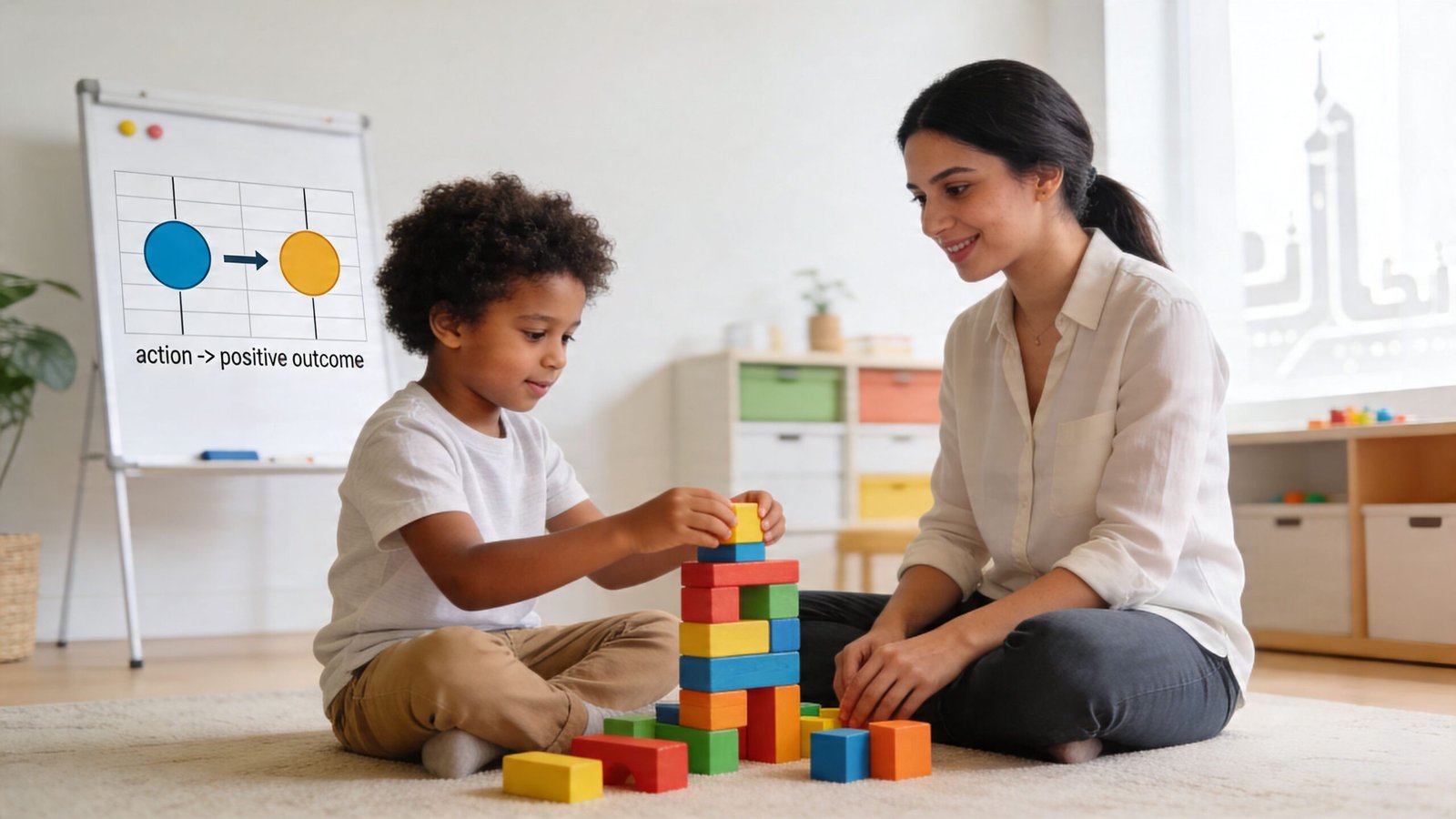 A behaviour therapist sits on the floor helping a young boy stack colorful toy building blocks.