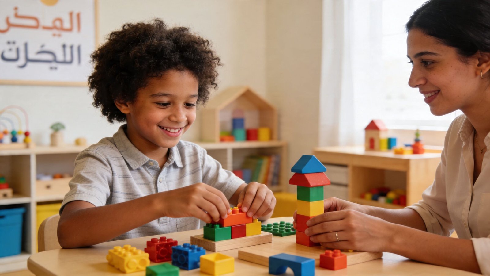 A smiling boy builds a colorful block tower with his behaviour therapist in a bright classroom setting.