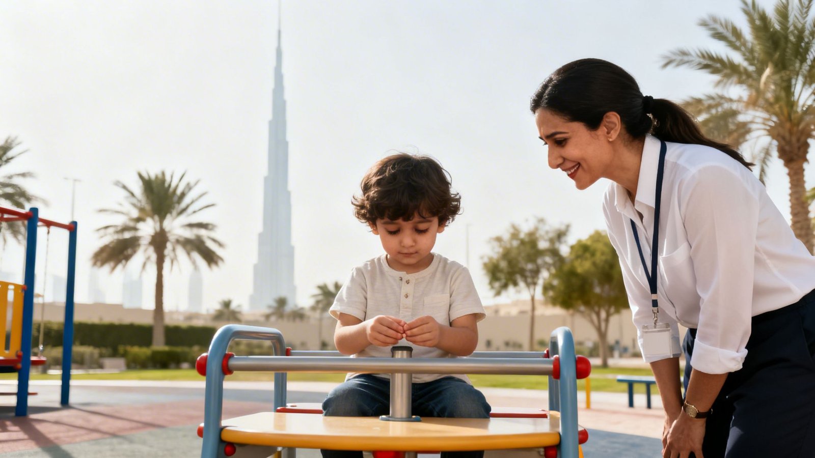 Child Behavior Consultation Dubai: Expert Support for Families 2 A professional woman smiles at a young boy playing on a colorful playground in Dubai with Burj Khalifa.