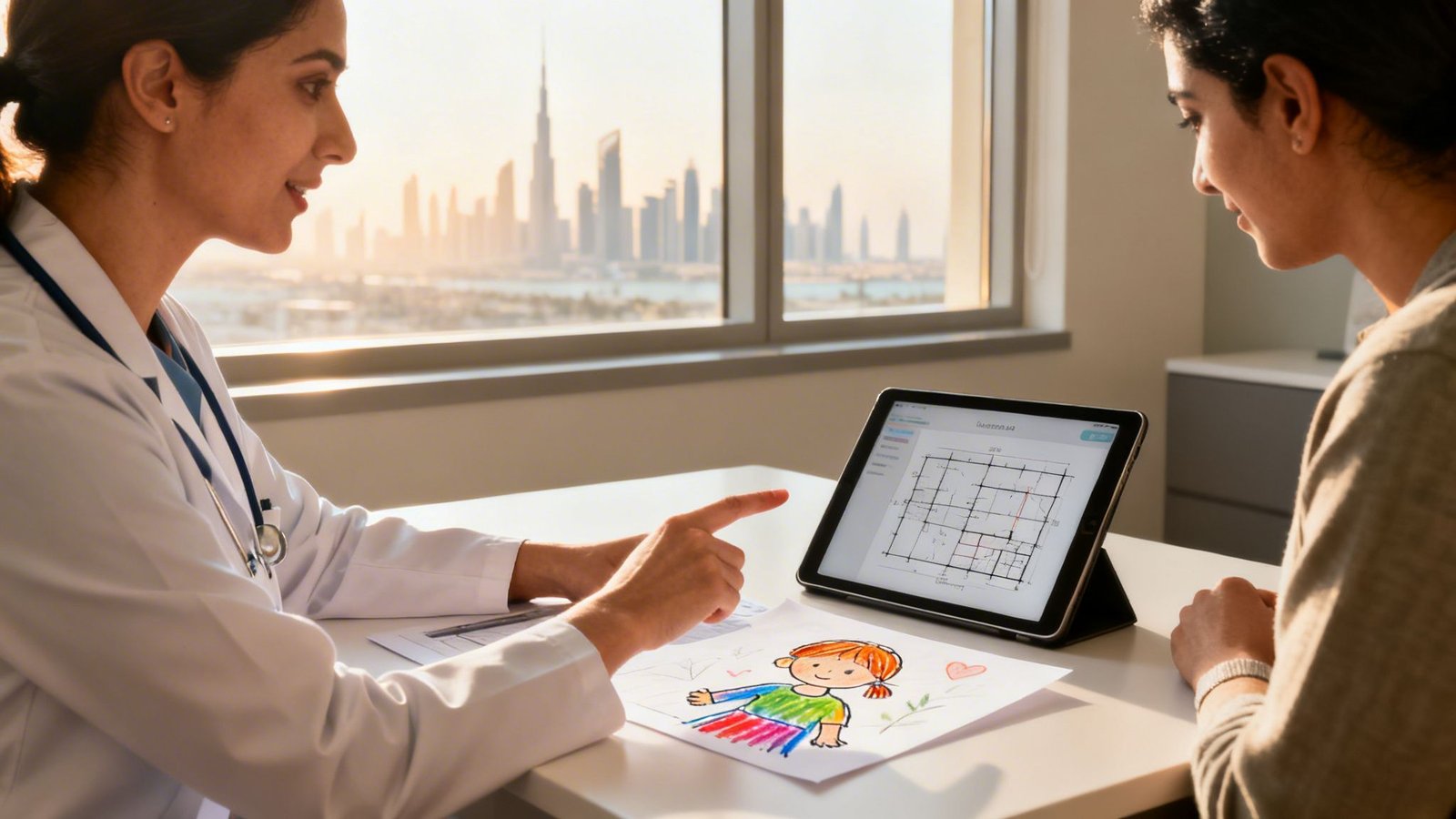 Child Behavior Consultation Dubai: Expert Support for Families 4 A female doctor consults a patient, pointing at a tablet next to a child's drawing, with a Dubai cityscape view.