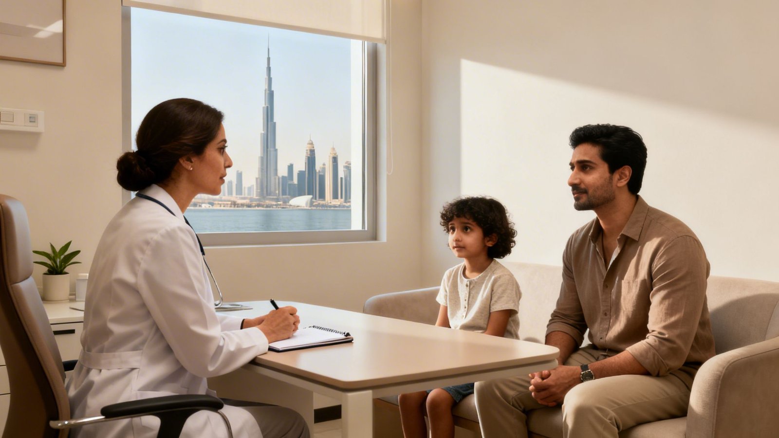 Child Behavior Consultation Dubai: Expert Support for Families 1 A female doctor consults a father and his son in a modern office with a view of Dubai's skyline and the Burj Khalifa.