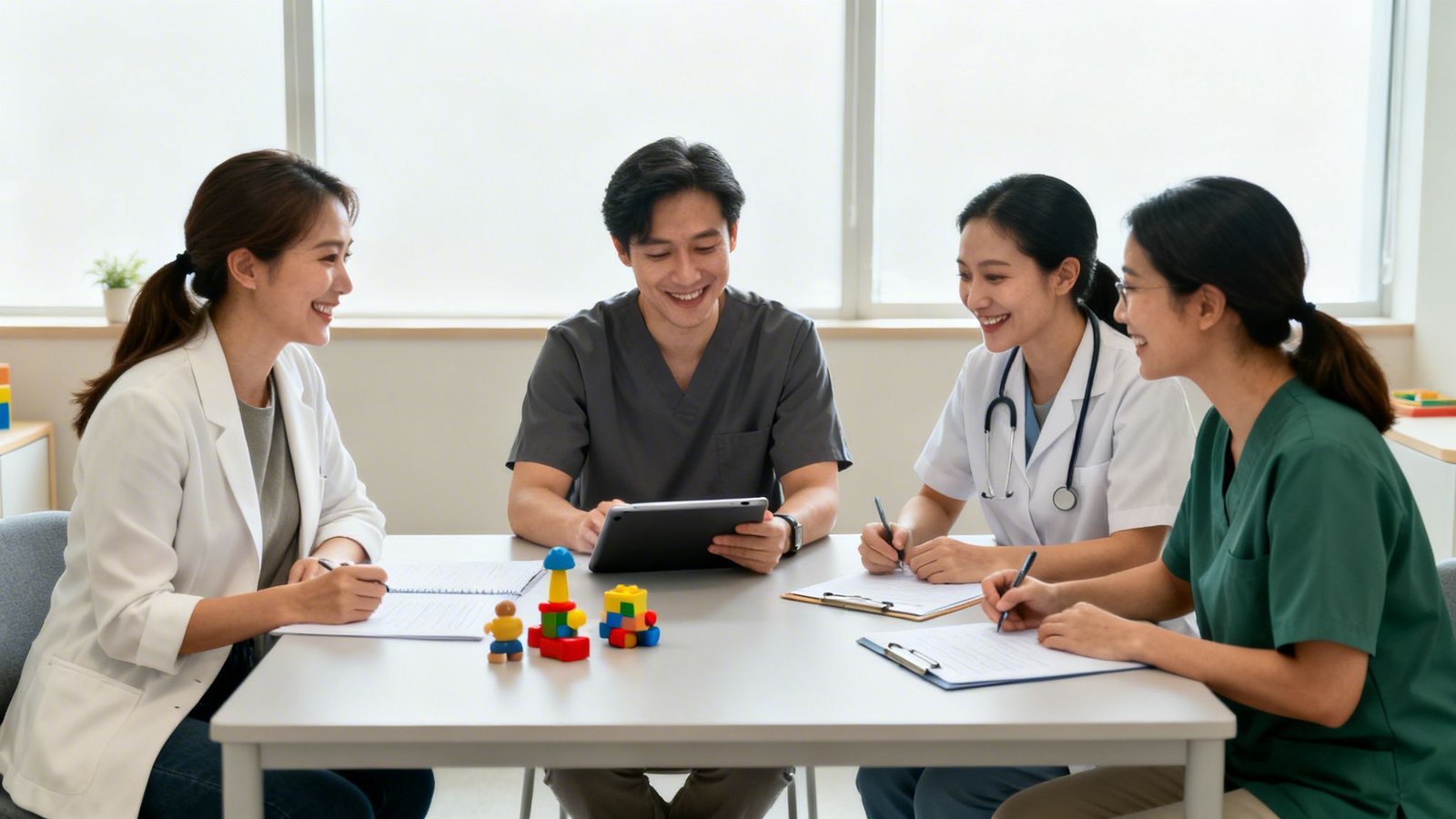 Child Behavior Consultation Dubai: Expert Support for Families 3 Four smiling medical professionals, including doctors and a nurse, discussing around a table with toys and a tablet.
