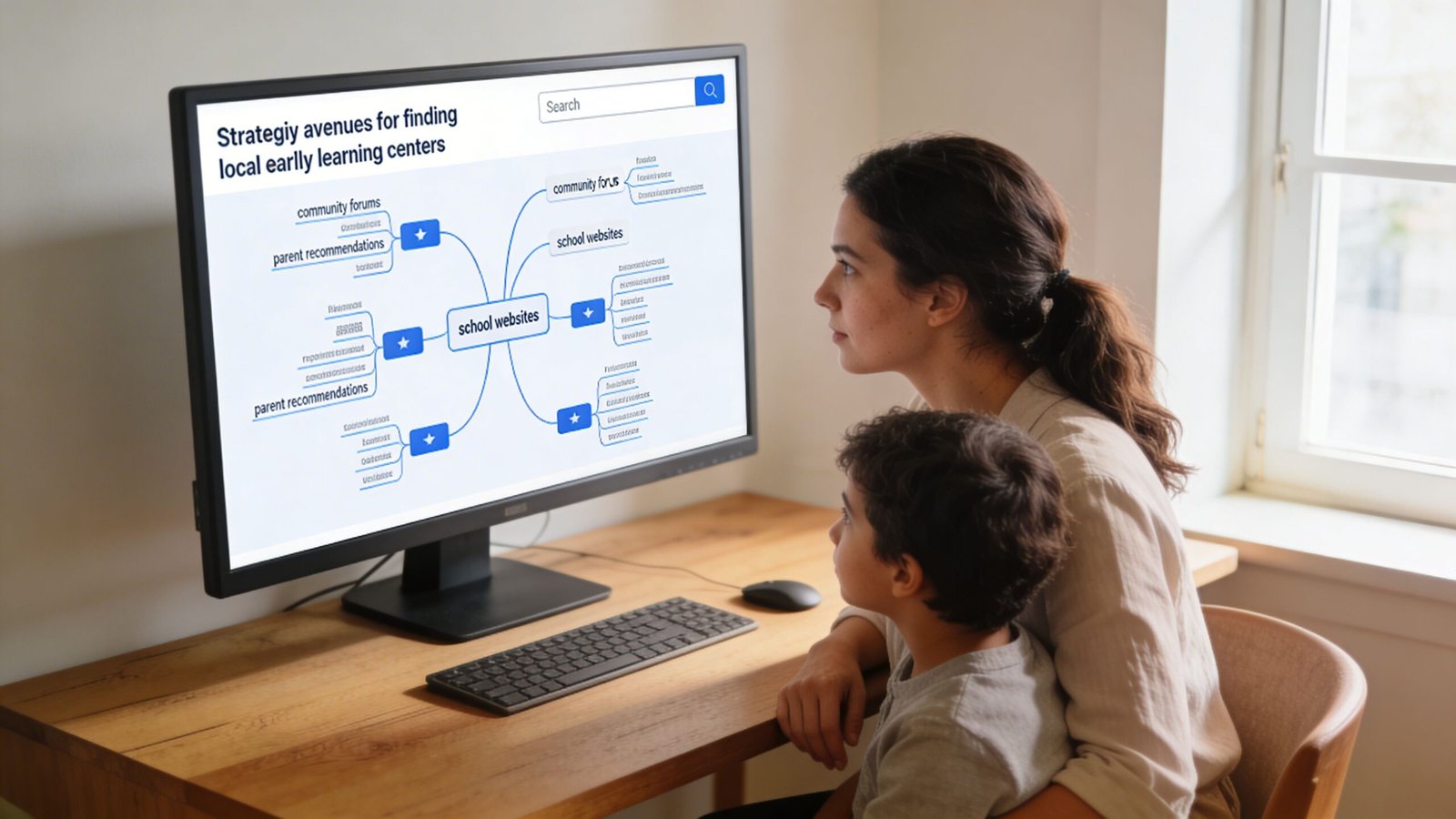 Find Top Early Learning Center Near Me 2 A woman and her child looking at a computer screen showing a mind map about early learning centers.