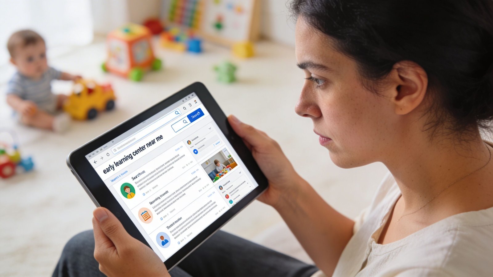 Find Top Early Learning Center Near Me 1 A woman holding a digital tablet to search for early learning center near me for her child.