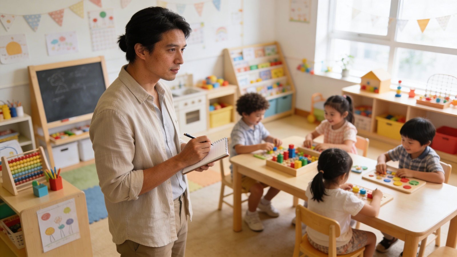 Find Top Early Learning Center Near Me 4 A male teacher observing and taking notes while children engage in educational activities at an early learning center.