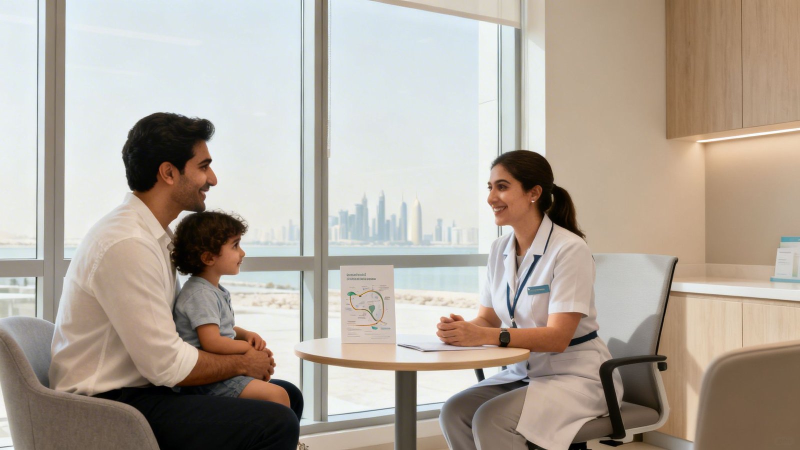 Family Support Services UAE A Complete 2026 Guide 1 A friendly doctor consults with a smiling father and young son in a bright modern office.