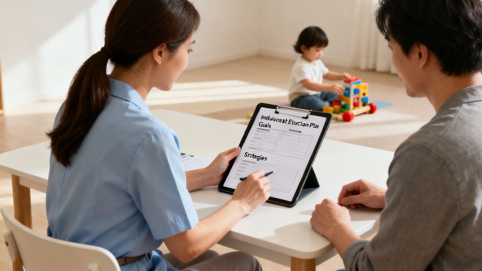 Family Support Services UAE A Complete 2026 Guide 4 A therapist discusses an individual education plan with a father while their child plays.